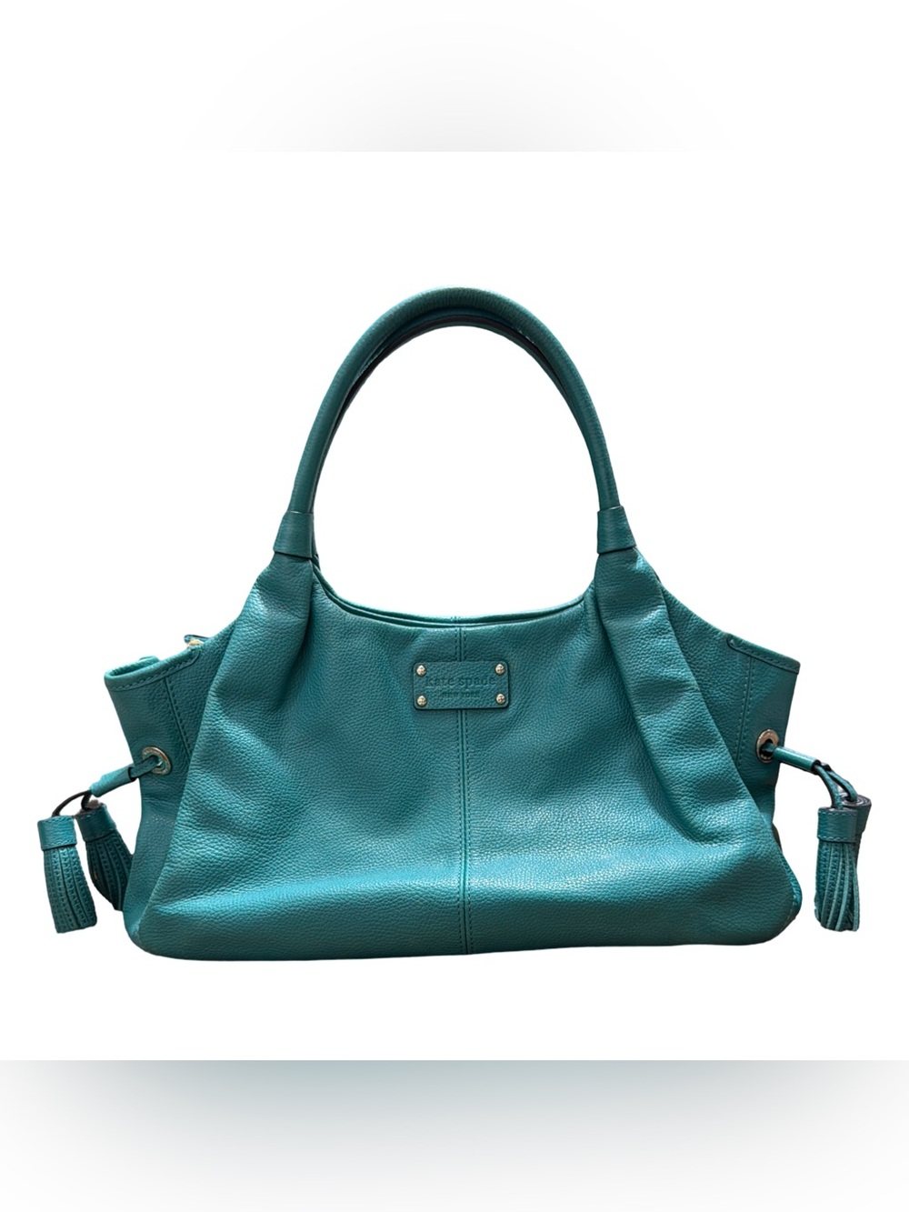 Kate Spade โข Stevie Leather Hobo Shoulder Bag Turquoise Blue Tassels - Picture 2 of 15